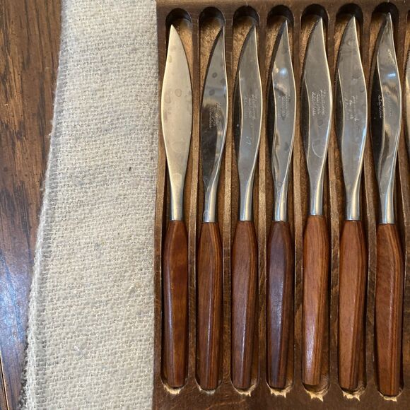Town & Country MCM Washington Forge 8 Fleetwood Handle Steak knife set Wood Tray - Picture 5 of 6